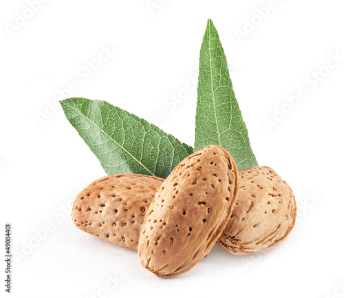 Almond nuts with leaves. Isolated on white background.