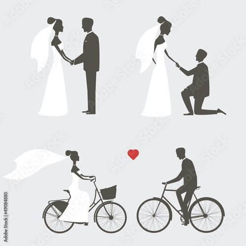 Set of bride and groom poses for wedding invitation