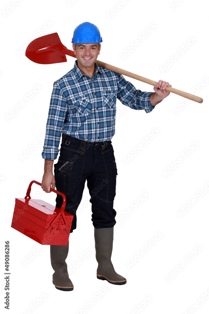 Mason carrying spade and tool kit Mason carrying spade and tool kit