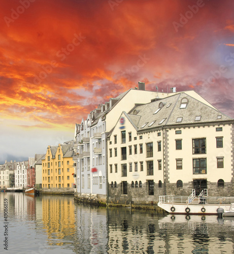 Small harbor in downtown of Alesund, with Reflections - Norway