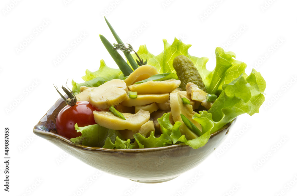 Marinated mushrooms in white saucer isolated on white Marinated mushrooms in white saucer isolated on white