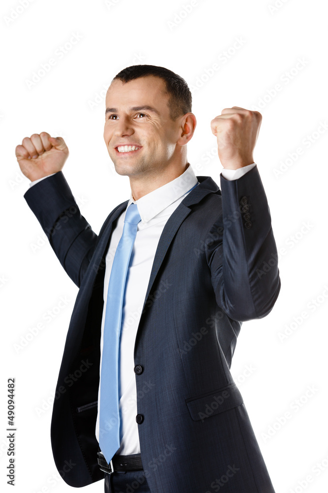 Happy businessman with fists up, isolated on white Happy businessman with fists up, isolated on white