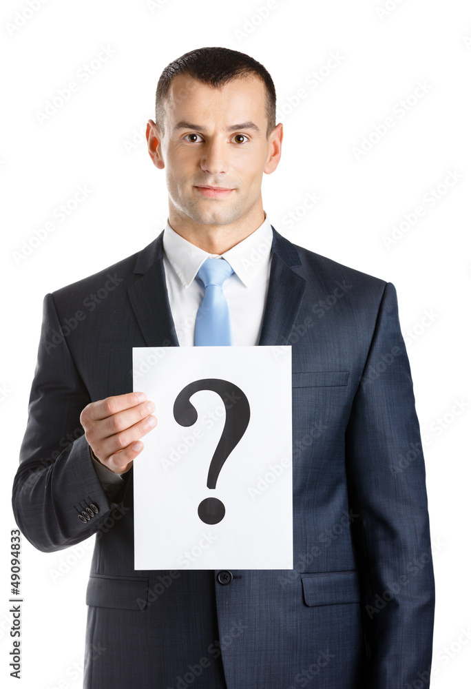 Businessman hands paper with question mark, isolated on white Businessman hands paper with question mark, isolated on white