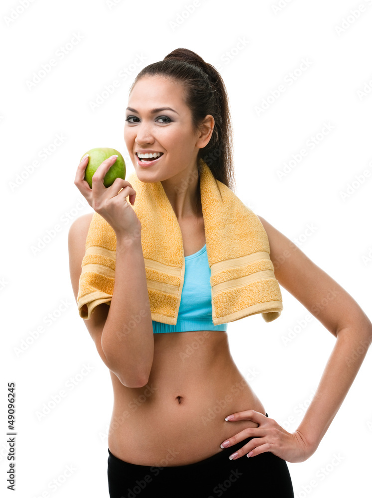 Woman hands ripe green apple, isolated on white Woman hands ripe green apple, isolated on white