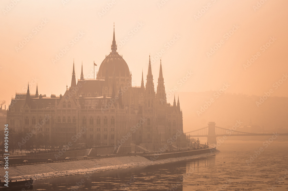 Naklejka premium The hungarian parliament in fog