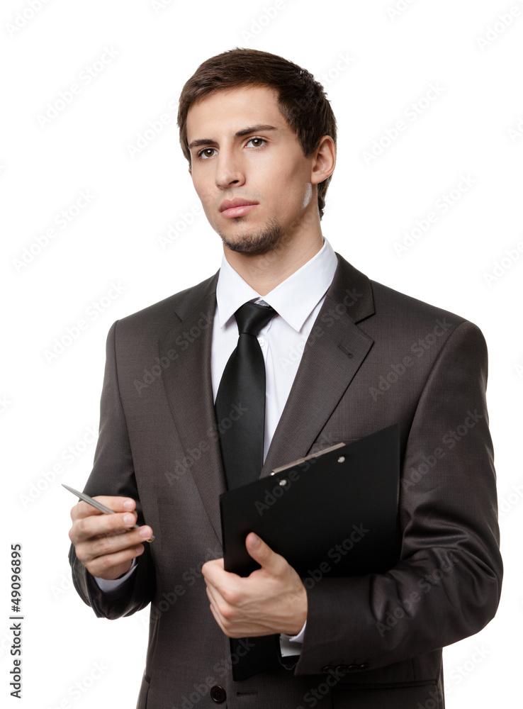 Pensive man holds black paper folder and pen, isolated on white Pensive man holds black paper folder and pen, isolated on white