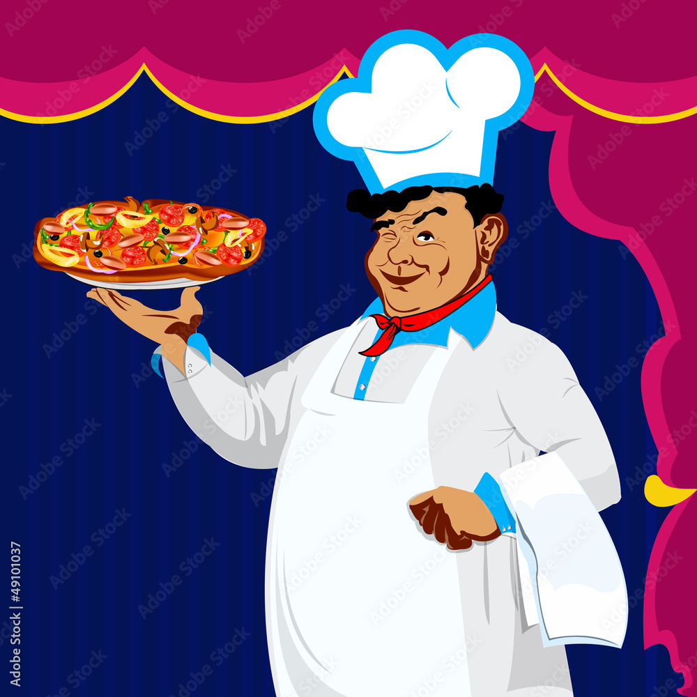Funny Chef and italian pizza.Best food for gourmet Funny Chef and italian pizza.Best food for gourmet