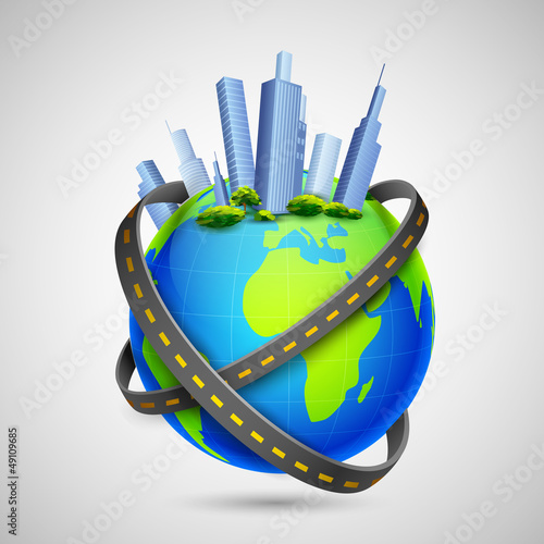 Road around Globe with Tall Buildings