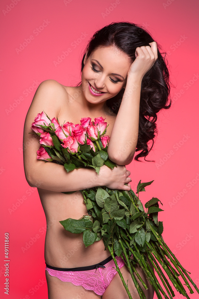 Woman with bouqet of roses