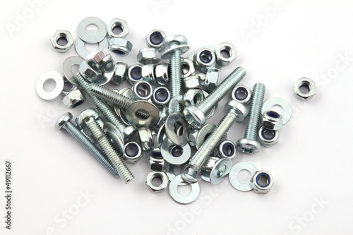 Nut and bolts on a white background.