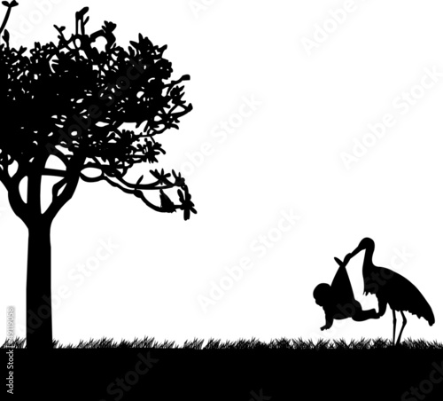 Stork with a baby in a bag in park in spring silhouette