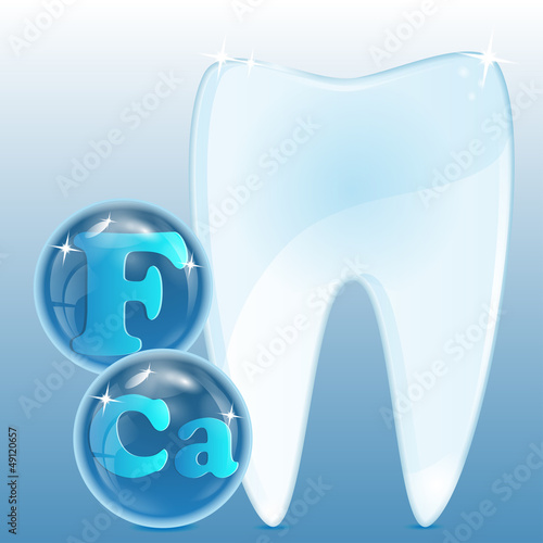 white tooth with chemical elements in blue spheres