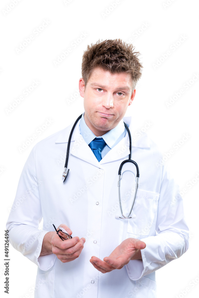 Expressive doctor with stethoscope. Isolated Expressive doctor with stethoscope. Isolated