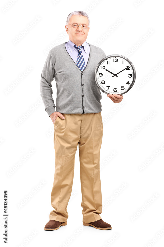 Full length portrait of a gentleman holding a wall clock Full length portrait of a gentleman holding a wall clock
