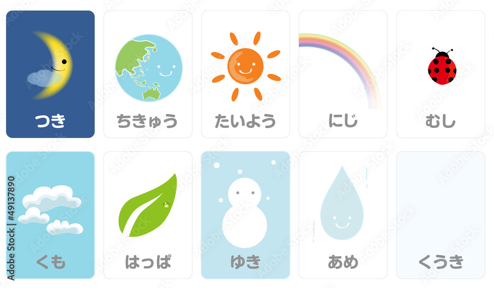 地球や月や太陽の自然をあらわす ひらがな 単語カード Stock Vector Adobe Stock