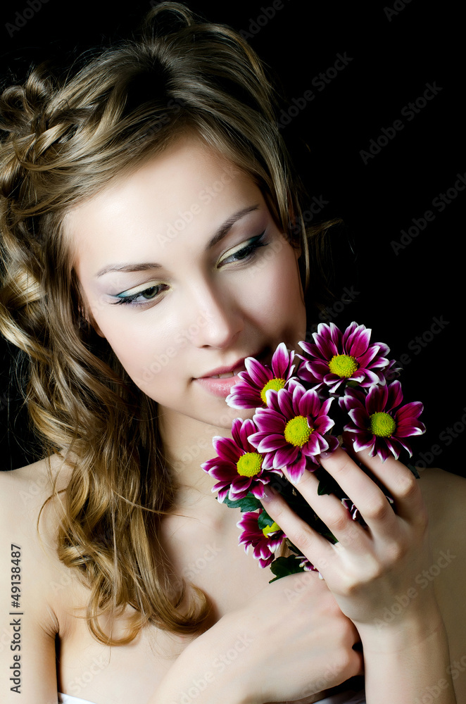 The girl with beautiful hair with chrysanthemum The girl with beautiful hair with chrysanthemum