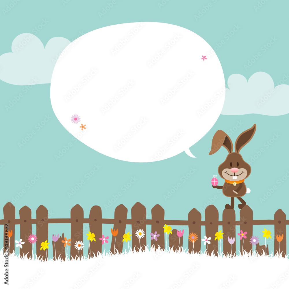 Fototapeta premium Bunny Fence Holding Easter Egg Speech Bubble Retro