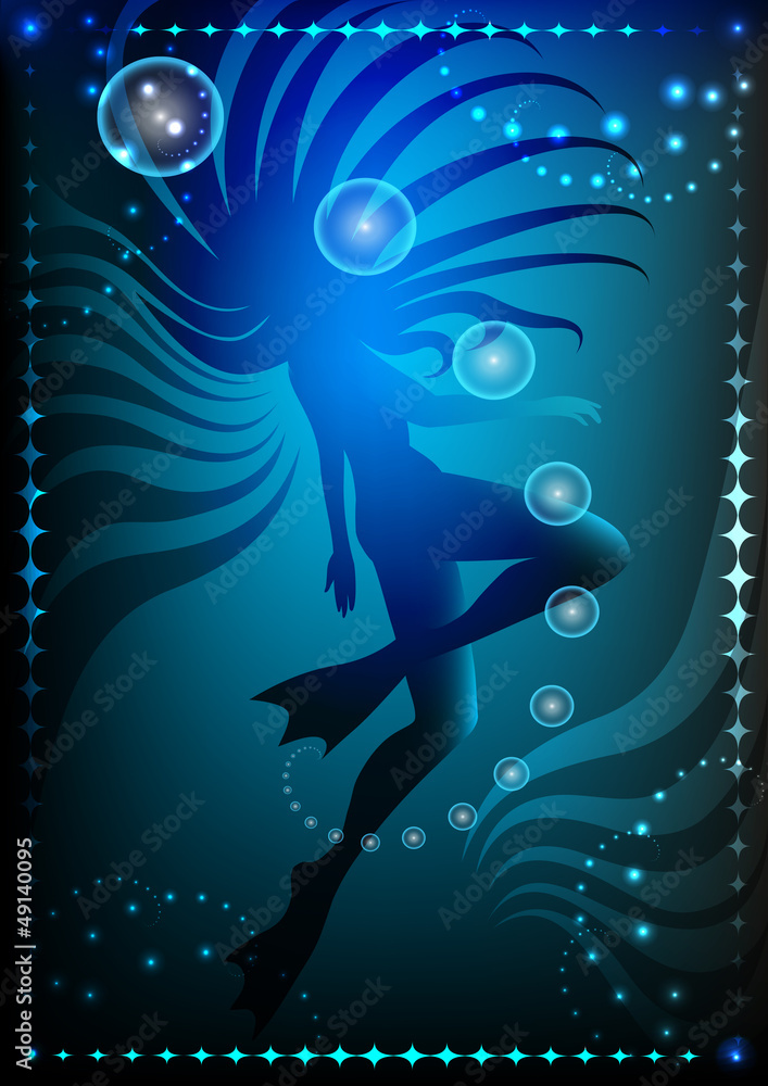 Obraz premium girl in flippers against dark ocean background