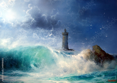 Seascape Wave and lighthouse