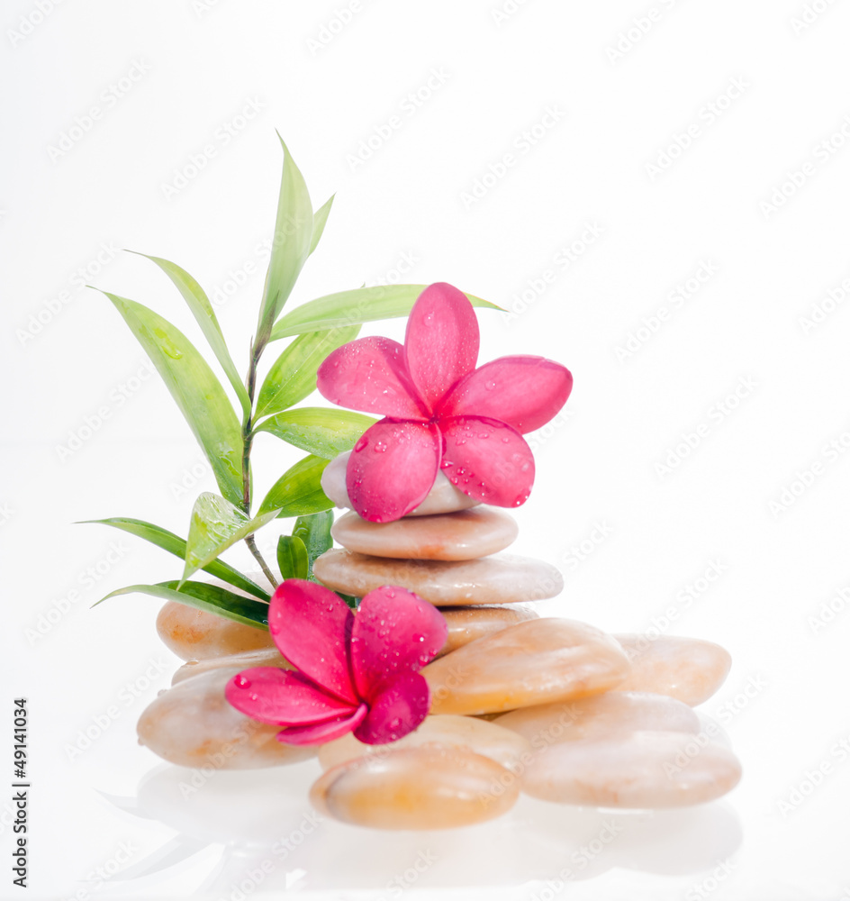 Green Bamboo with red flowers and yellow river stones Green Bamboo with red flowers and yellow river stones