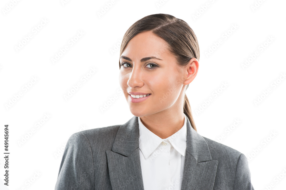 Portrait of happy Caucasian business woman standing over white b Portrait of happy Caucasian business woman standing over white b