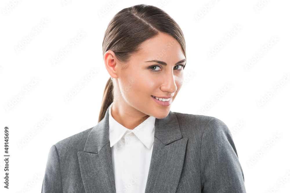 Portrait of happy Caucasian business woman standing over white b Portrait of happy Caucasian business woman standing over white b