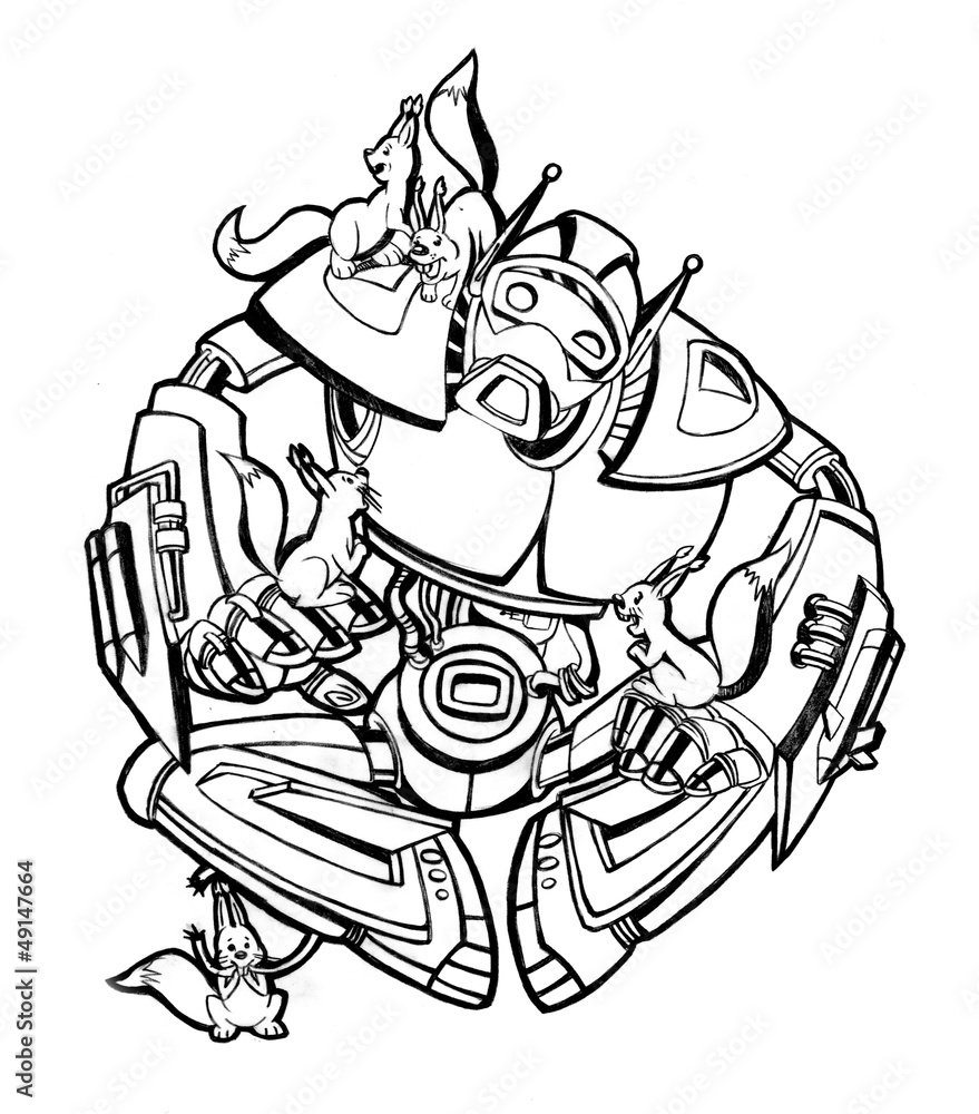 Robot surrounded by squirrels Robot surrounded by squirrels
