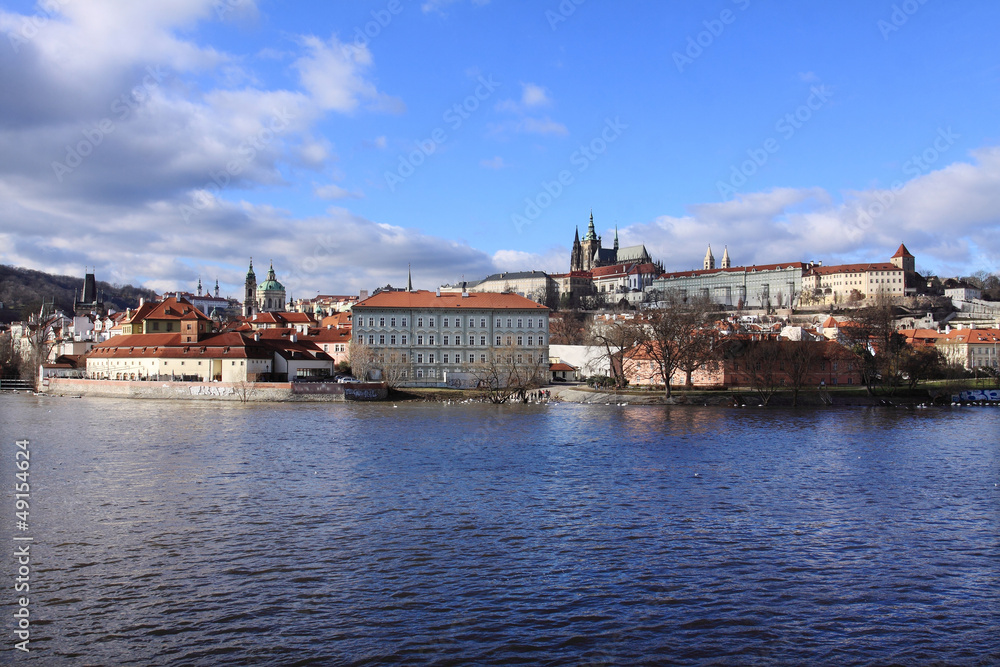 Wnter Prague gothic Castle above River Vltava, Czech Republic