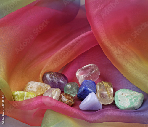 Healing Crystals on rainbow chiffon