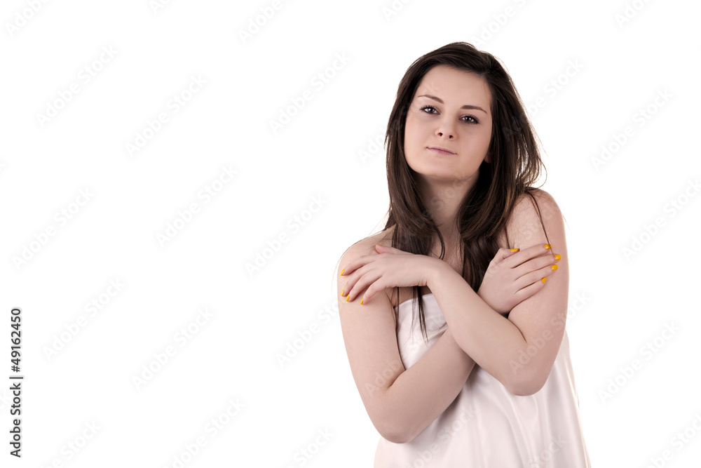 Beautiful girl in a white dress isolated on white background Beautiful girl in a white dress isolated on white background