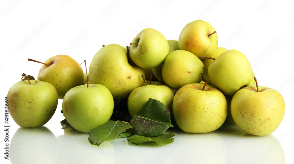 juicy apples with green leaves, isolated on white juicy apples with green leaves, isolated on white