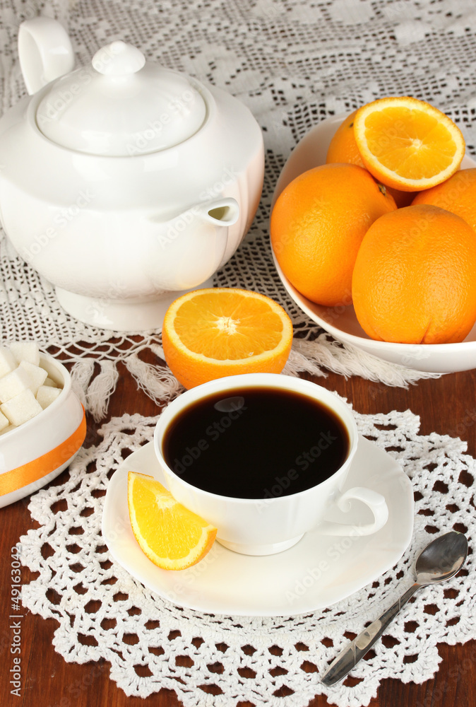 Beautiful white dinner service with oranges Beautiful white dinner service with oranges