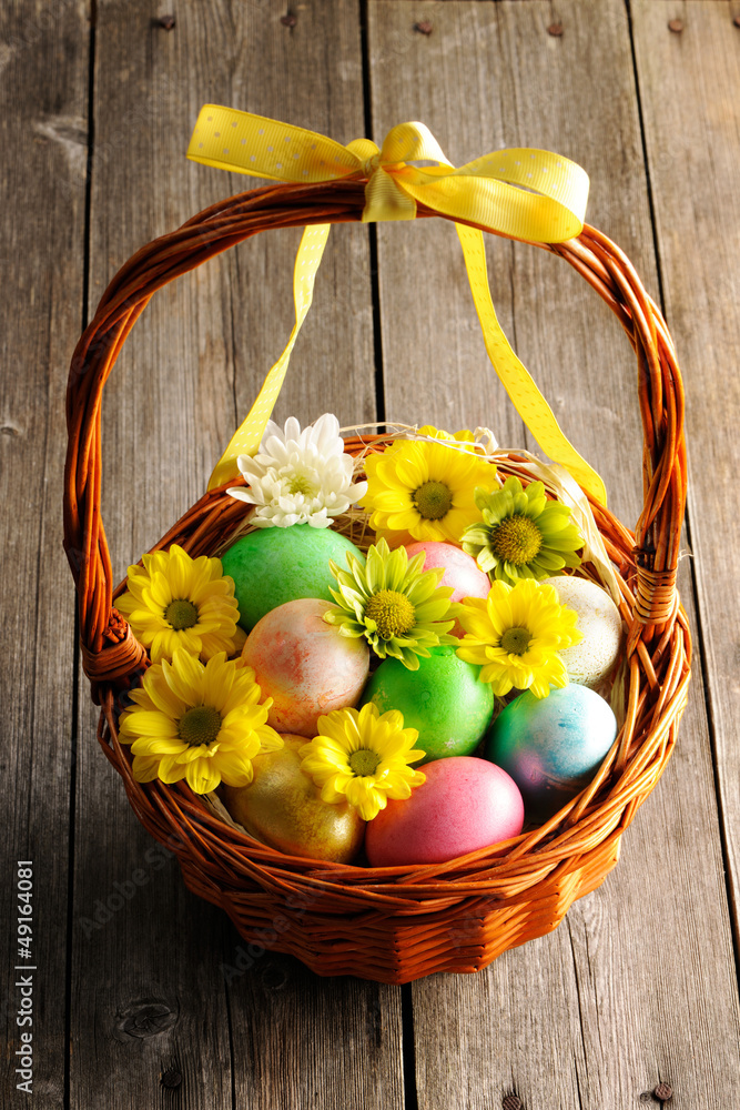 Colored easter eggs in basket