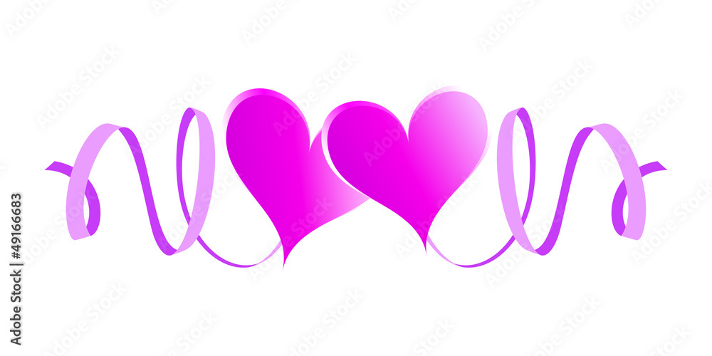Two enamored hearts with ribbons. Pink design element