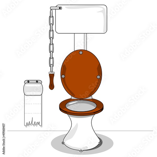 A cartoon toilet with wooden seat and chain