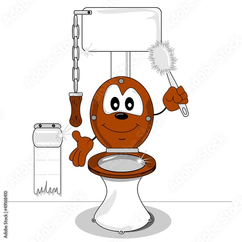 A cartoon toilet holding a toilet brush and smiling
