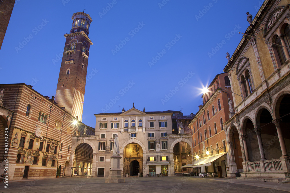Verona - Piazza dei Signori and Lamberti tower in dusk