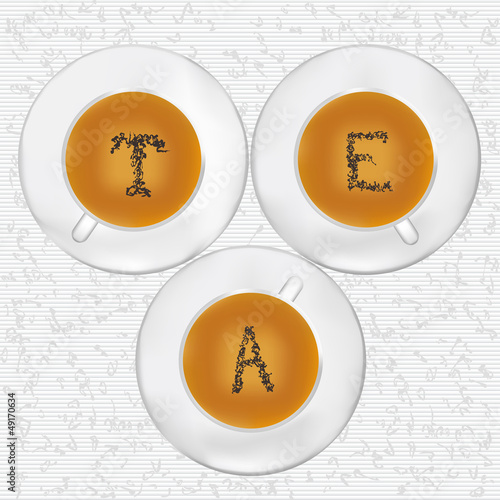 Three cups of tea with tea-leaf stylized as T E A letters.