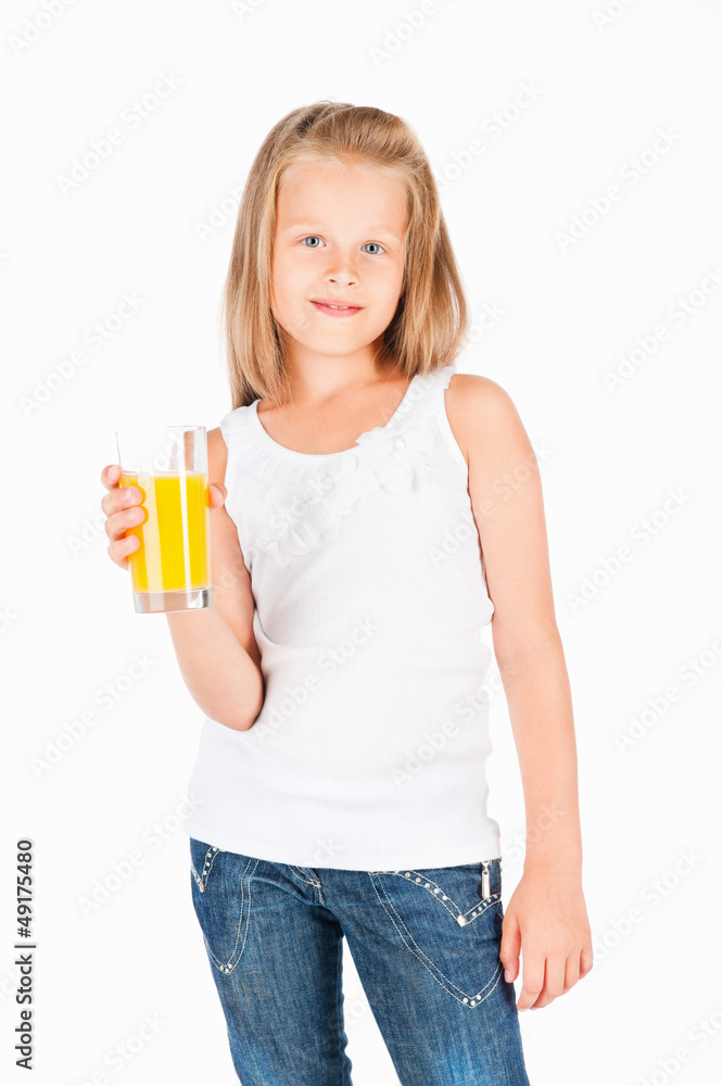 Little girl with the orange juice, on a gray background Little girl with the orange juice, on a gray background