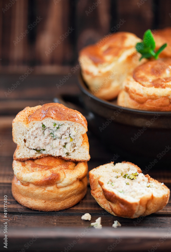Mini pies with chicken and green onions, selective focus