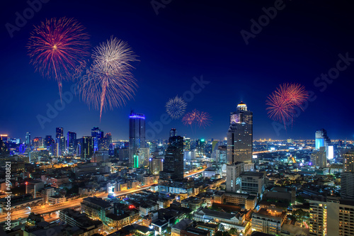 Firework of Cityscape at Night in Bangkok