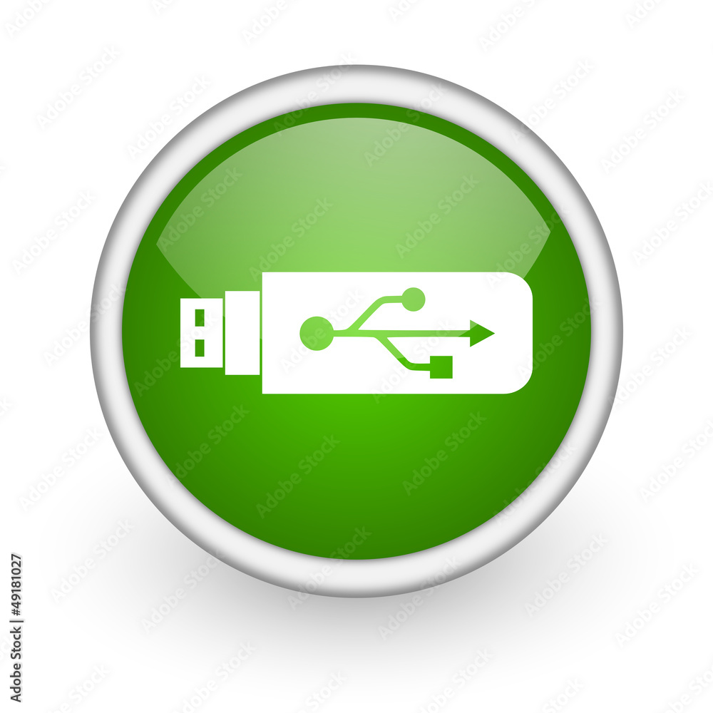 usb green circle glossy web icon on white background