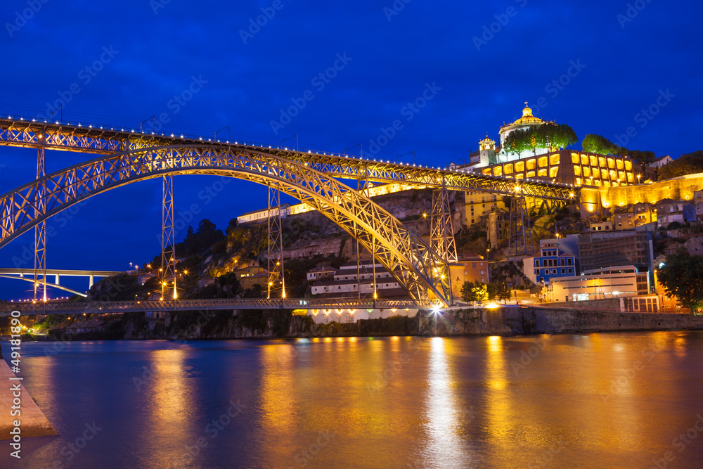 Dom Luis I bridge over Douro river at night. Porto, Portugal