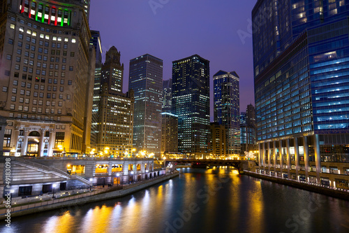 Chicago River Walk at night, IL, USA