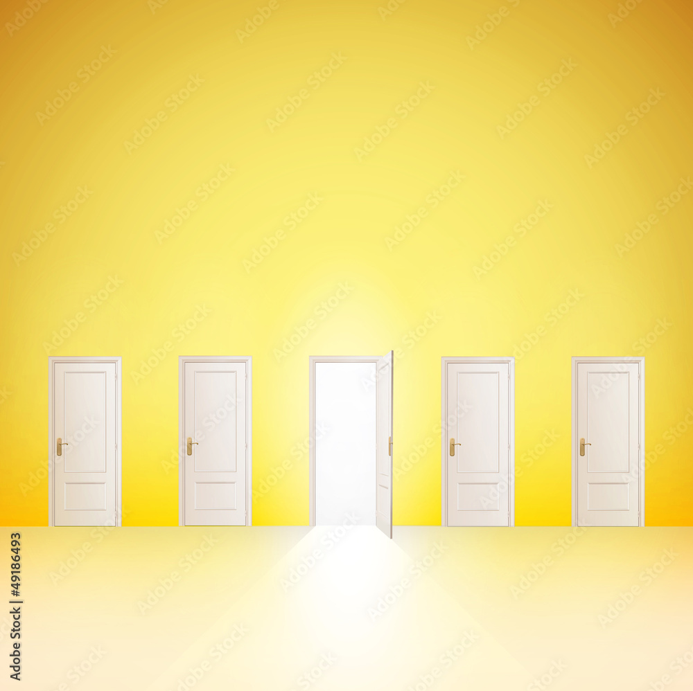 One door open and the others closed. Vector design. One door open and the others closed. Vector design.