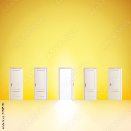 One door open and the others closed. Vector design. 