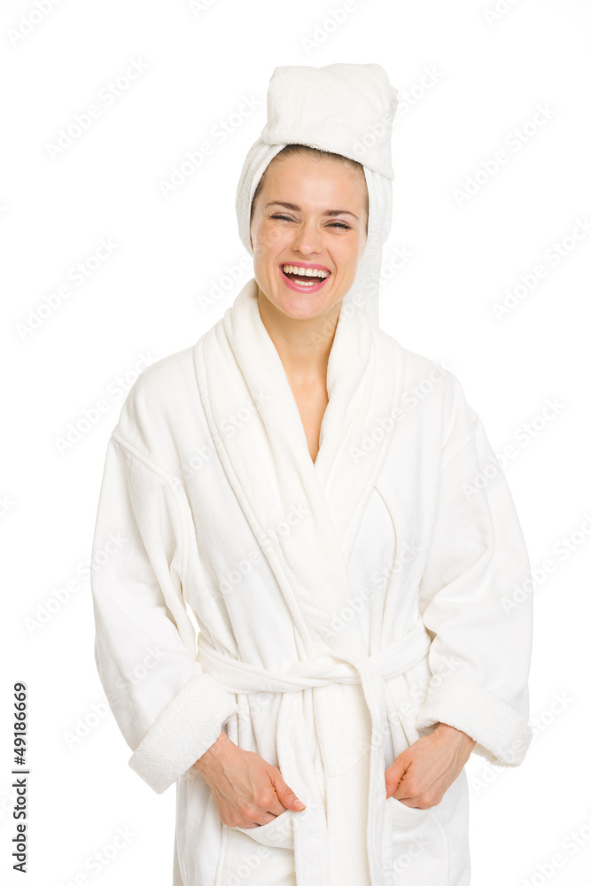 Portrait of smiling young woman in bathrobe Portrait of smiling young woman in bathrobe