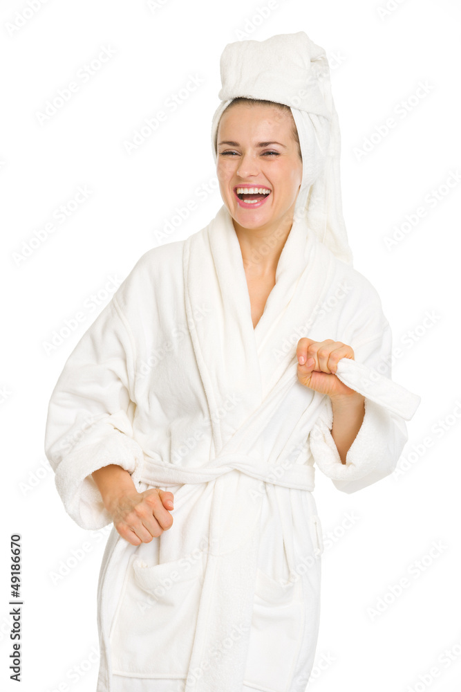 Portrait of happy young woman in bathrobe Portrait of happy young woman in bathrobe