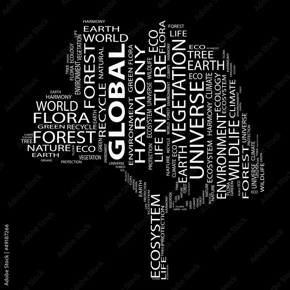 Conceptual white tree of text as wordcloud isolated on black Conceptual white tree of text as wordcloud isolated on black