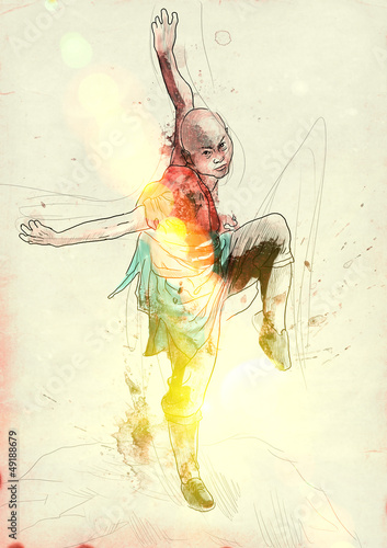 Kung Fu (in the morning), Chinese martial art. (Hand drawing.)